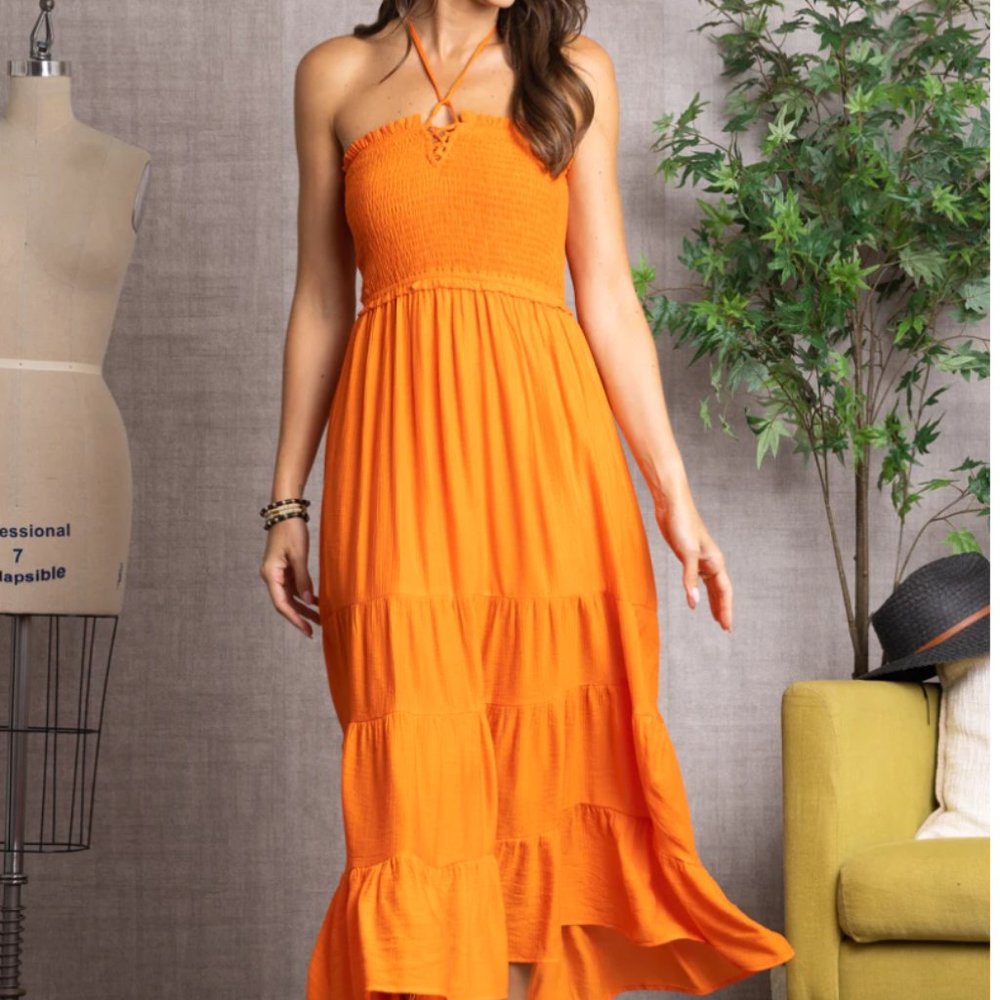 🧡 ORANGE SUMMER SHIRRED BANDEAU HALTER STRAP MAXI DRESS